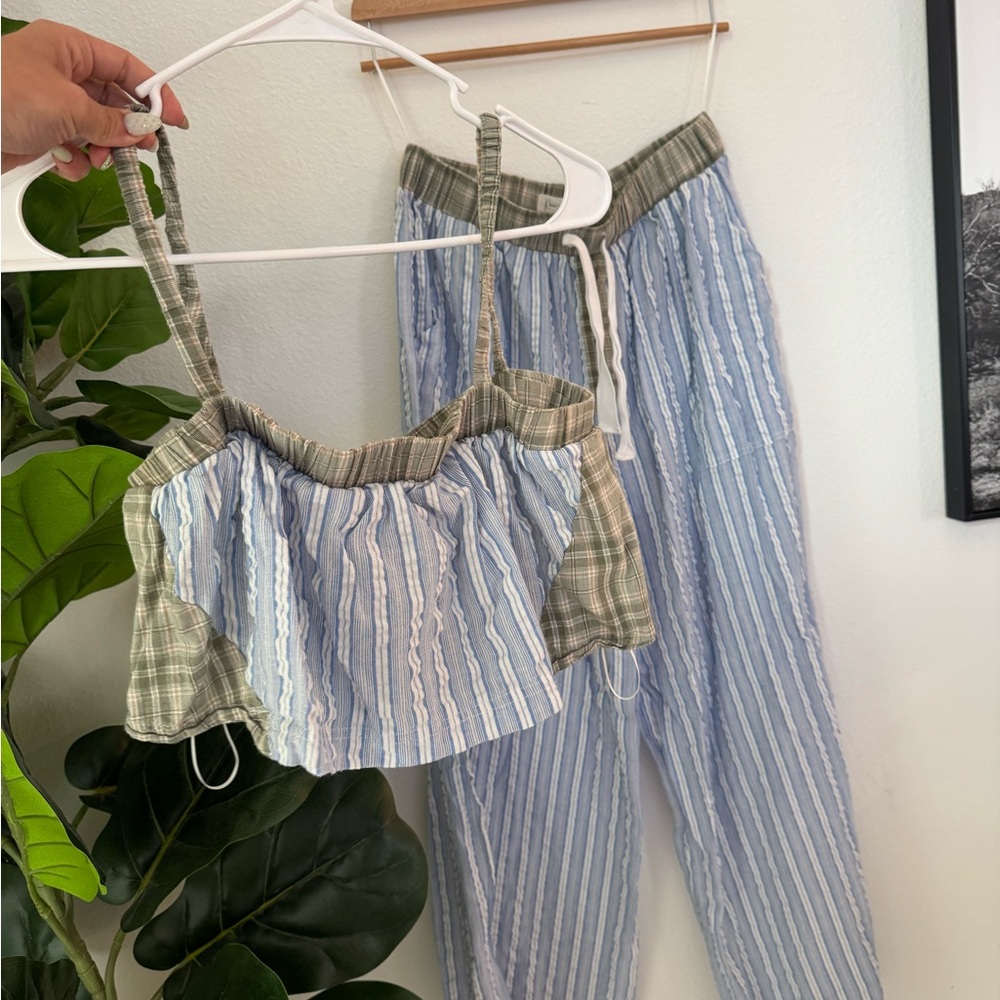 Striped Blue & Green Two-Piece Lounge Set - Women's Pants & Top